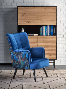 FOTOLIU PAGONI, ALBASTRU/MULTICOLOR/NEGRU, TAPITERIE DIN CATIFEA SI PICIOARE DIN METAL, STIL MODERN
