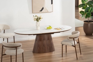 Masă de sufragerie QNIQUE, extensibilă de la 160 la 200 cm, aspect lemn de nuc închis, blat din marmură ceramică albă