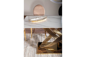 MASA DINING 160 CM, EFECT DE MARMURA ALBA/AURIU, BLAT DIN CERAMICA SI PICIOARE DIN METAL , STIL MODERN - Img 8