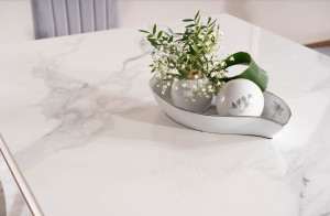 MASA DINING EFECT DE MARMURA ALBA/CROM, 180 CM, BLAT DIN CERAMICA SI METAL, STIL MODERN - Img 5