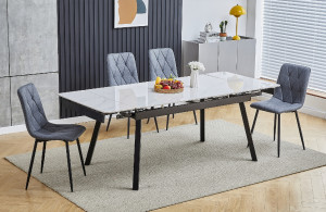 MASA DINING EXTENSIBILA, 120/180 CM, EFECT DE MARMURA ALBA/NEGRU, BLAT DIN CERAMICA SI PICIOARE DIN METAL, STIL MODERN
