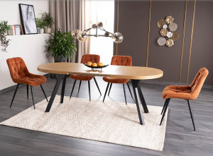 MASA DINING EXTENSIBILA, 140/272 CM, STEJAR/NEGRU, BLAT DIN FURNIR NATURAL SI PICIOARE DIN METAL, STIL MODERN - Img 3