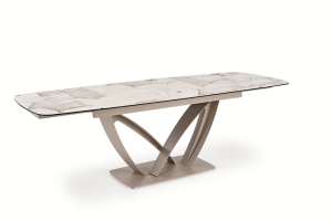 MASA DINING EXTENSIBILA BENJAMIN 160/240 CM, CULOARE BEJ/ CASMIR, BLAT DIN STICLA, CERAMICA SI PICIOARE DIN METAL, STIL MODERN - Img 2