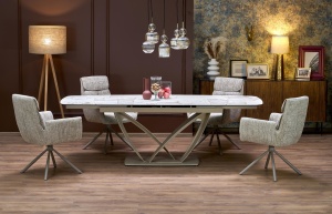MASA DINING EXTENSIBILA BENJAMIN 160/240 CM, CULOARE BEJ/ CASMIR, BLAT DIN STICLA, CERAMICA SI PICIOARE DIN METAL, STIL MODERN - Img 12
