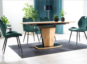 MASA DINING EXTENSIBILA HOUSTON, 120/160 CM, STEJAR/NEGRU, DIN MDF, FURNIR NATURAL SI STICLA SECURIZATA, STIL MODERN - Img 2