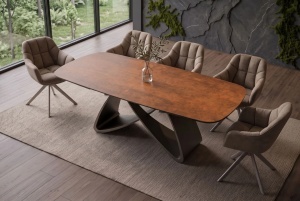 MASA DINING EXTENSIBILA INFINITY 180-220-260CM, REALIZATA DIN METAL SI BLAT DIN STICLA SI CERAMICA, CULOARE MARO RUGINIU/SAMPANIE - Img 2