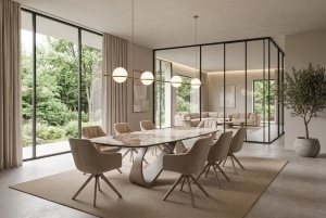 MASA DINING EXTENSIBILA INFINITY 180-220-260CM, REALIZATA DIN METAL SI BLAT DIN STICLA SI CERAMICA, CULOARE MARMURA/SAMPANIE - Img 5
