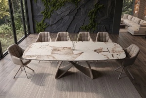 MASA DINING EXTENSIBILA INFINITY 180-220-260CM, REALIZATA DIN METAL SI BLAT DIN STICLA SI CERAMICA ITALIANA, CULOARE MARO-ALB/SAMPANIE - Img 3