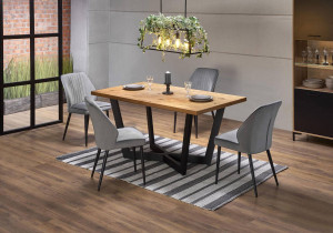 MASA DINING EXTENSIBILA MASSIVE, STEJAR/NEGRU, 160/250 CM, BLAT DIN FURNIR NATURAL SI PICIOARE DIN METAL, STIL VINTAGE - Img 2