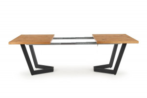 MASA DINING EXTENSIBILA MASSIVE, STEJAR/NEGRU, 160/250 CM, BLAT DIN FURNIR NATURAL SI PICIOARE DIN METAL, STIL VINTAGE - Img 7