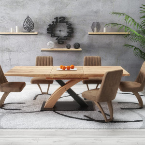 MASA DINING EXTENSIBILA SANDOR 3, STEJAR AURIU/NEGRU, 160/220 CM, BLAT DIN MDF SI PICIOARE DIN METAL, STIL MODERN