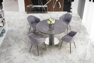 MASA DINING EXTENSIBILA STIL RICARDO, CU EFECT DE MARMURA GRI/GRI, 120/160 CM, DIN MDF, STICLA SI METAL, STIL MODERN - Img 2