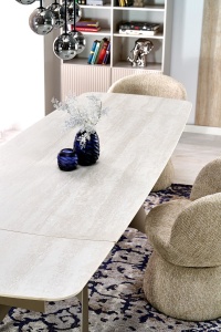 MASA DINING EXTENSIBILA STIL SALIX, 180-260/90/76 cm, CASMIR, CONFECTIONATA DIN BLAT DE TRAVERTIN SI PICIOARE DIN OTEL INOXIDABIL, STIL MODERN - Img 5