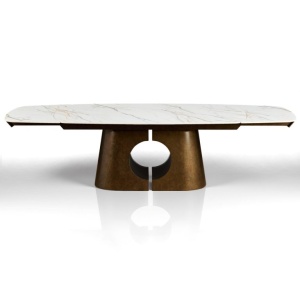 Masă extensibilă de mari dimensiuni Onice Marble Copper, metal vopsit și ceramică cu grosimea de 11 mm, blat din marmură onix mat, bază din cupru mat. Î. 76,5 x A. 100 x L. 200/250/300 cm