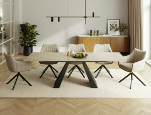 MASA EXTENSIBILA DIAMOND, CREM/NEGRU MAT, 160/240 CM, DIN STICLA SECURIZATA, CERAMICA SI METAL, STIL MODERN
