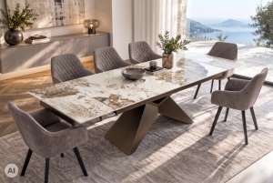MASA EXTENSIBILA DINING DIAMOND 180/220/260CM, REALIZATA DIN METAL SI CERAMICA PANDORA, CU ASPECT DE MARMURA ALB/MARO SI CULOARE BRONZ - Img 4