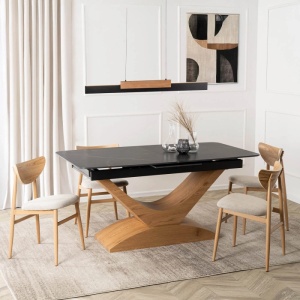 MASA EXTENSIBILA DOLCE, ARTIM MEBLE 160/200CM, BLAT DIN CERAMICA SI FURNIR, CULOARE MARMURA NEAGRA/STEJAR, STIL MODERN