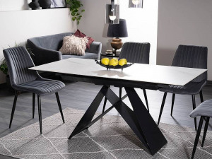 MASA EXTENSIBILA, EFECT DE MARMURA ALBA/NEGRU, 120/160 CM, STICLA SECURIZATA, CERAMICA SI METAL, STIL MODERN
