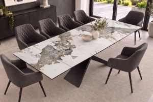 MASA EXTENSIBILA EUPHORIA 180-260CM, REALIZATA DIN METAL SI BLAT STICLA SI CERAMICA, DE CULOARE MARMURA ALB GRI - Img 6