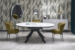MASA EXTENSIBILA STIL VERTIGO, 130/180 CM, EFECT DE MARMURA ALBA/NEGRU, DIN MDF, STICLA SI METAL, STIL MODERN