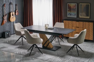 MASA EXTENSIBILA VOLANT, 140-180/90/76 cm, EFECT DE MARMURA NEAGRA/STEJAR AURIU//NEGRU, DIN MARMURA, MDF LAMINAT SI METAL, STIL MODERN