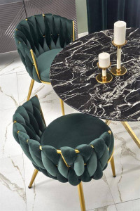 MASA LIVING RAYMOND 2, EFECT DE MARMURA NEAGRA/AURIU, 100 CM, BLAT DIN STICLA SI PICIOARE DIN METAL, STIL MODERN - Img 3