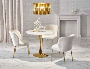 MASA LIVING STIL CASEMIRO, CU EFECT DE MARMURA ALBA/AURIU, 90 CM, BLAT DIN STICLA SI PICIOR DIN METAL, STIL MODERN - Img 3
