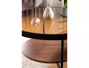 MASUTA DE CAFEA PRIMA B, 74 CM, CHIHLIMBAR/NUC/NEGRU, BLAT DIN STICLA SECURIZATA, MDF SI CADRU DIN METAL, STIL MODERN - Img 2