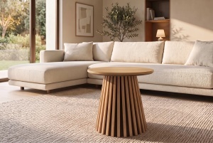 MASUTA DE CAFEA ROTUNDA VALHALLA 50CM, REALIZATA DIN LEMN DE STEJAR SI BLATUL DIN MDF SI FURNIR STEJAR, CULOARE NATUR - Img 8