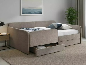 PAT DIVAN, CU SERTARE, STIL AMELIA, CU TAPITERIE DIN TEXTIL RAVEN BEJ INCHIS 30 SI LAMELE CURBATE, STIL MODERN - Img 3