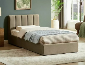 PAT DORMITOR MONTREAL, CU SPATIU DE DEPOZITARE, 90 CM, BEJ BLUVEL 28, TAPITERIE DIN CATIFEA, STIL MODERN