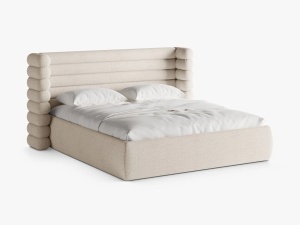 PAT TAPITAT MOUNT, 180X200, BEJ DESCHIS, SOMIERA RABATABILA, CU TAPITERIE DIN TEXTIL BOUCLE CORAL, MICADONI