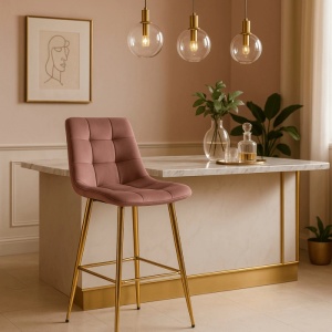 SCAUN BAR, ARTIM MEBLE, REALIZAT DIN CATIFEA SI METAL, CULOARE ROZ/AURIU, STIL MODERN