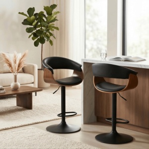 SCAUN BAR ROTATIV, ARTIM MEBLE, REALIZAT DIN PIELE ECO, FURNIR SI METAL, CULOARE NUC/NEGRU, STIL MODERN