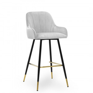 SCAUN DE BAR TULIP, 60 CM, GRI/NEGRU/AURIU, TAPITERIE DIN CATIFEA SI PICIOARE DIN METAL, STIL MODERN,