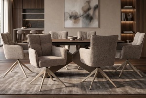 Scaun rotativ LUGANO cu funcție de revenire automată la 360°, cotiere, capacitate de încărcare 150 kg, tweed chenille taupe
