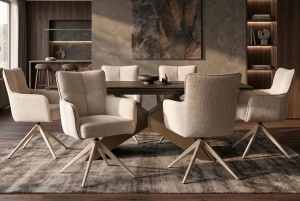 Scaun rotativ LUGANO cu funcție de revenire automată la 360°, cotiere, capacitate de încărcare 150 kg, tweed bej tip chenille