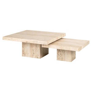 SET 2 MASUTE DE CAFEA LA CANTERA, 211707, CONFECTIONATE DIN LEMN MASIV DE PIN SI TRAVERTIN, CULOAREA BEJ, STIL MODERN