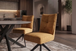 SET 2 SCAUNE ROTATIVE 360 GRADE, LUGANO, REALIZAT DIN METAL SI TEXTIL CATIFEA, CULOARE GALBEN MUSTAR/NEGRU - Img 7