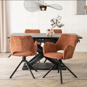 SET 4 SCAUNE, ARTIM MEBLE, REALIZAT DIN MATERIAL TEXTIL BOUCLE CARAMIZIU SI METAL, STIL MODERN