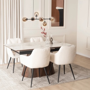 SET 4 SCAUNE LIVING, ARTIM MEBLE, REALIZAT DIN MATERIAL BOUCLE BEJ SI CADRUL DIN METAL, STIL MODERN