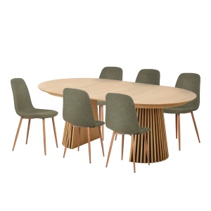 SET MASA SI 6 SCAUNE, DIN LEMN SI TEXTIL, CULOARE VERDE/NATUR, HOUSE NORDIC