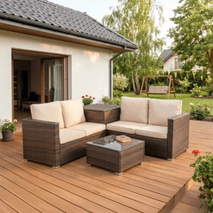SET MOBILIER DE GRADINA/TERASA, NEGRO, ARTIM MEBLE, DIN TEHNORATAN, TEXTIL SI STICLA, CULOARE MARO/BEJ