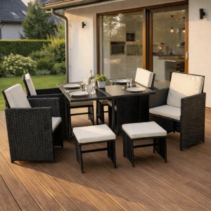 SET MOBILIER GRADINA, ARTIM MEBLE, REALIZAT DIN POLIRATAN SI TEXTIL, CULOARE NEGRU/CREM, STIL MODERN - Img 2