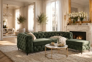 TABURET CHESTERFIELD 95CM, DIN LEMN SI TEXTIL CATIFEA, CULOARE VERDE, INVICTA INTERIOR - Img 10