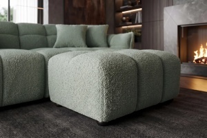TABURET CONFORTABIL CLOUD 100CM, REALIZAT DIN LEMN SI MATERIAL BOUCLE, CULOARE VERDE SALVIE - Img 4