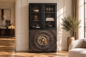 VITRINA LIVING GOLDEN SUNSET 180CM, MODEL 3D, REALIZAT DIN LEMN DE MANGO, STICLA SI PICIOARE DIN METAL, CULOARE NEGRU/AURIU