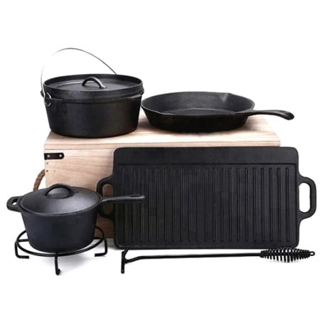 Set Gratar BBQ 7 piese, din fonta, cutie de lemn