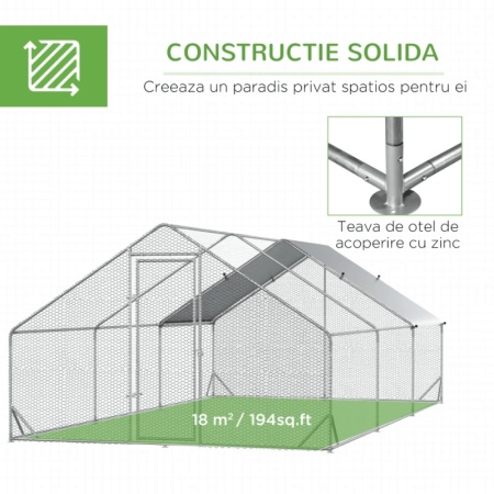 Cotet de gaini, pasari, pentru exterior 6 x 3 x 2 metri, otel galvanizat