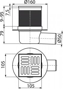 Sifon pardoseală iesire laterala 105×105/50 mm, grătar din oţel inoxidabil, reţinere mirosuri - Img 2